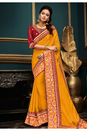 Yellow satin embroidered festival wear saree  10602